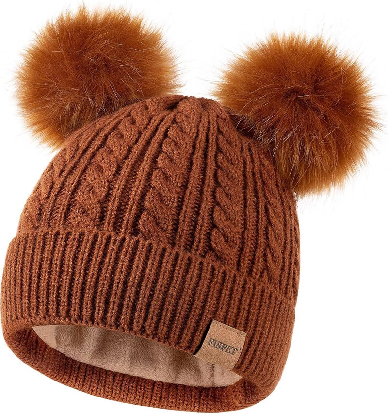 FISFET Beanies Women with Double Pom Pom, Winter Hats for Women Cold Weather Warm Knit Fleece Lined, Cute Beanie Cap - Image 1